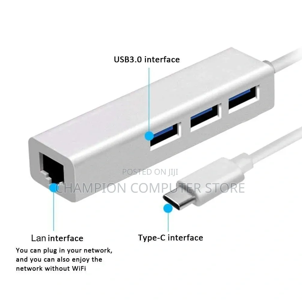 Type-C Hub With Ethernet, Lan, Rj45 Adapter and 3usb 3.0 Ports