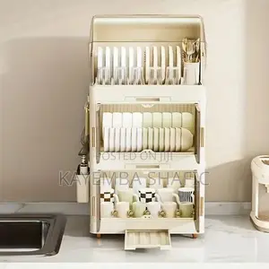 3-Tier Foldable Plastic Dish Rack Cabinet With Dustproof Cover