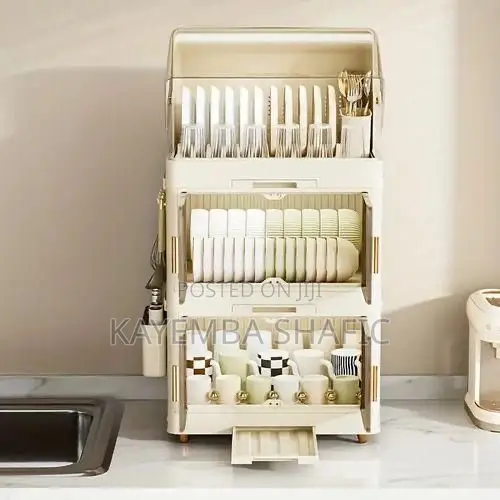 3-Tier Foldable Plastic Dish Rack Cabinet With Dustproof Cover