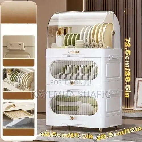 3-Tier Foldable Plastic Dish Rack Cabinet With Dustproof Cover