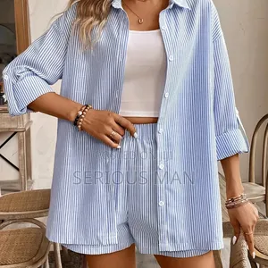 Women's Blue and White Vertical Striped Two-Piece Matching Set