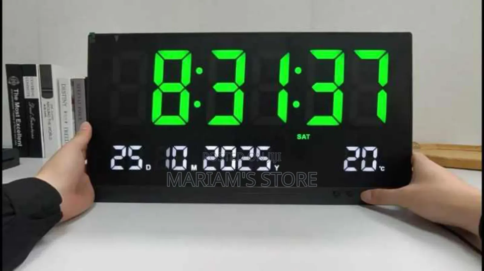 Digital Wall Clock With a Large Green Led Display and Temperature.