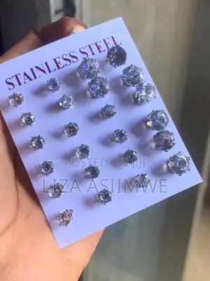 Unisex Stainless Steel Stud Earrings With Clear Round Crystal Stones