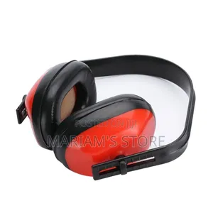 Red And Black Protective Ear Muffs To Reduce Noise For Hearing Safety.