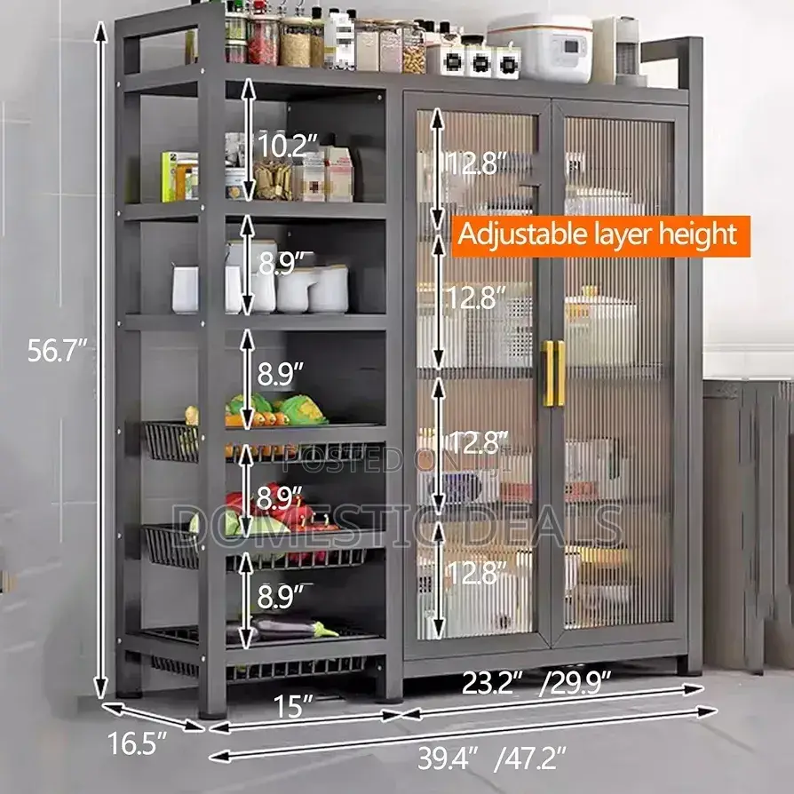Kitchen Pantry Cabinet With 3 Movable Shelves and 2 Acrylic Doors