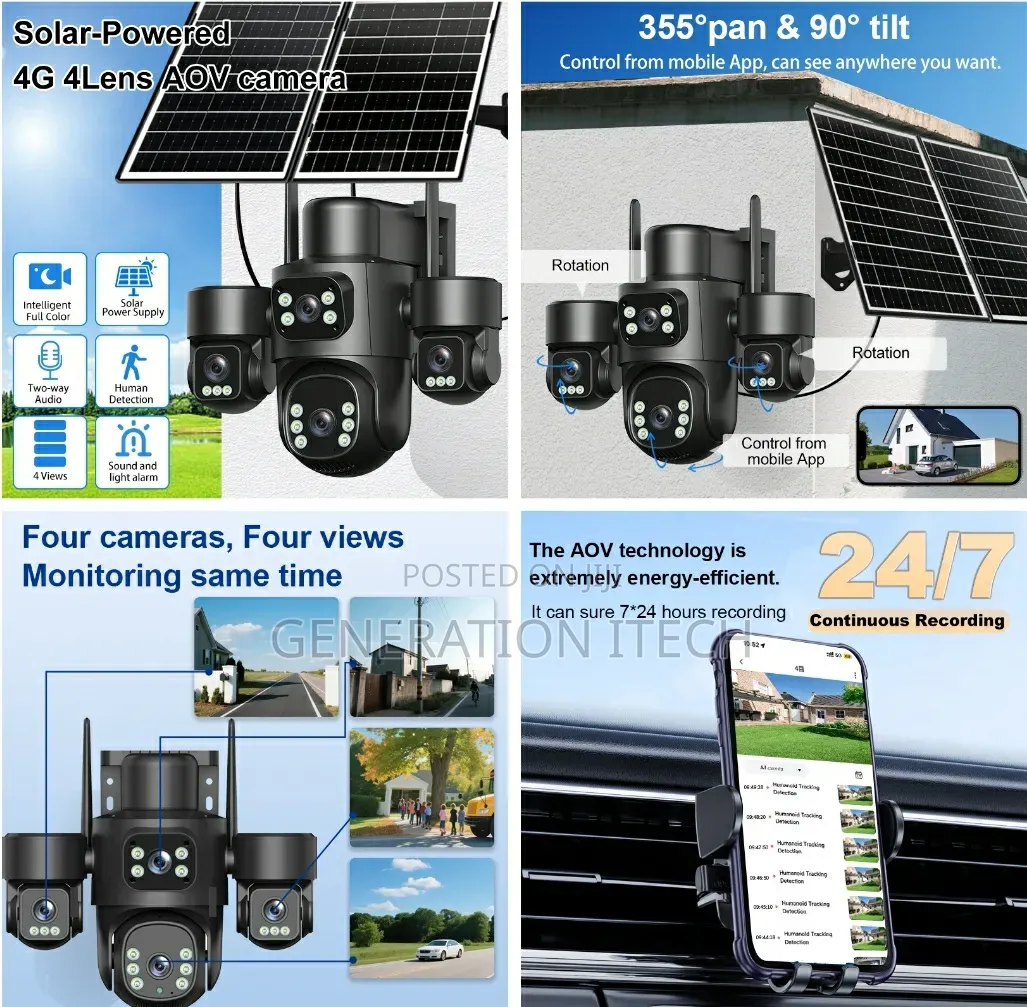 4 Lens Solar Camera - Aov Technology- 4g With 20mp and 24 HRS Recordin