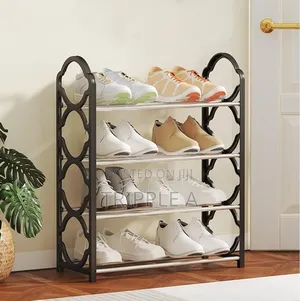 4 Tier Black Foldable Metal and Plastic Shoe Rack.