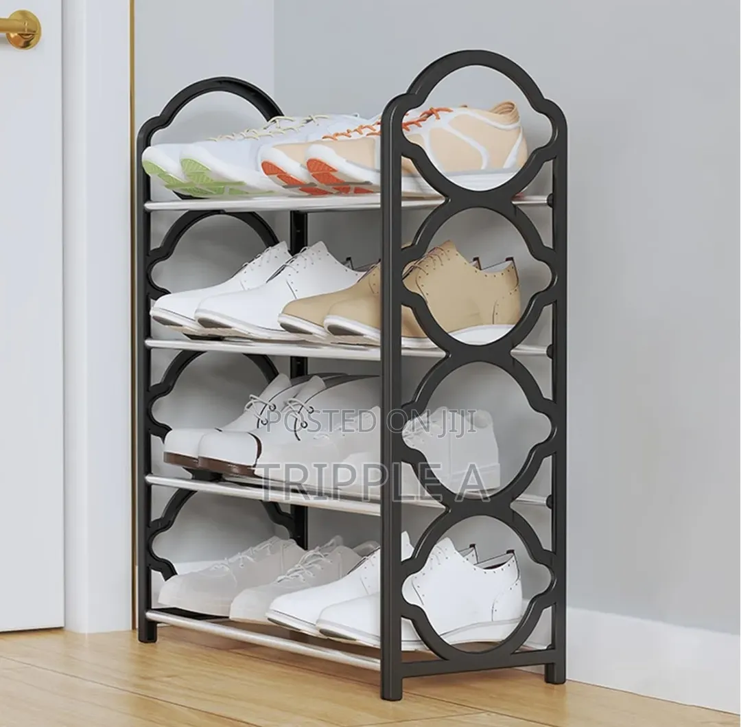 4 Tier Black Foldable Metal and Plastic Shoe Rack.