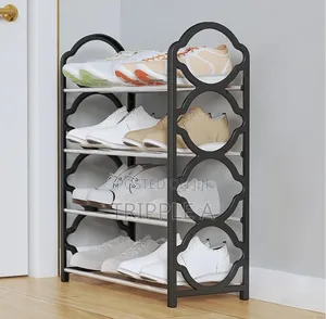 4 Tier Black Foldable Metal and Plastic Shoe Rack.