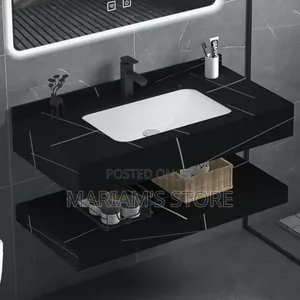 Modern, Floating Vanity Set, A Black Marble-patterned Sintered Stone