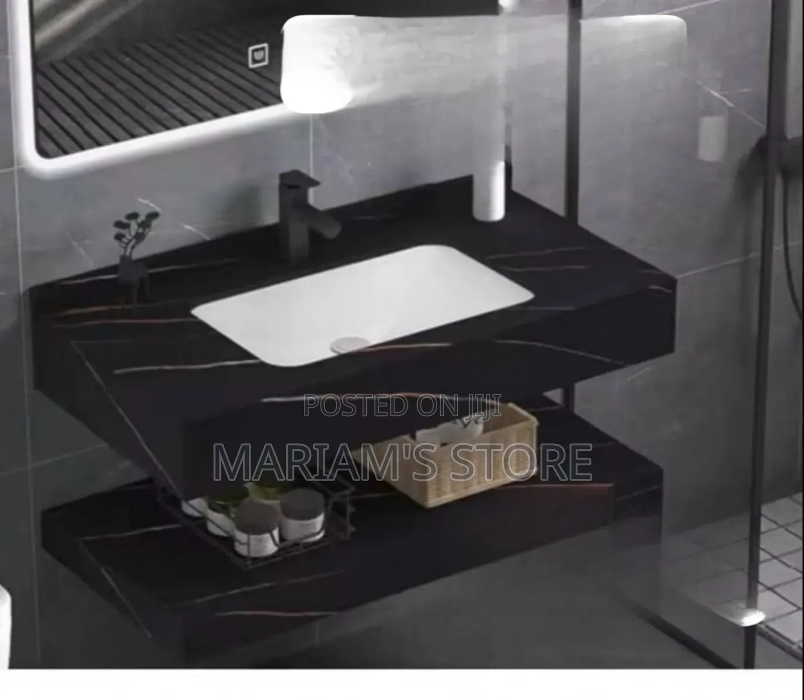 Modern, Floating Vanity Set, A Black Marble-patterned Sintered Stone