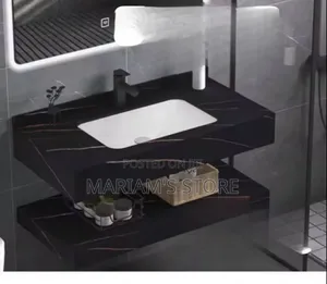 Modern, Floating Vanity Set, A Black Marble-patterned Sintered Stone
