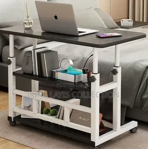 Adjustable Mobile Laptop Table With Shelves and Lockable Casters.