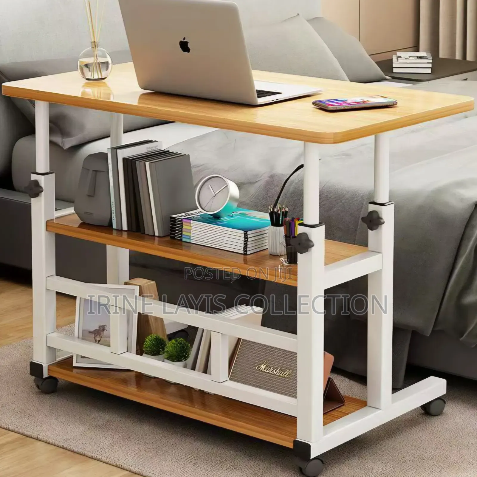 Adjustable Mobile Laptop Table With Shelves and Lockable Casters.