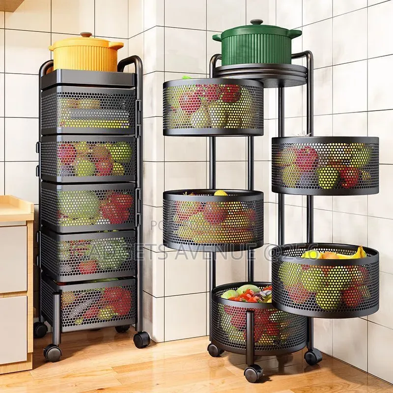 5-Layer Kitchen Storage Rack Features Rotating Metal Mesh Baskets
