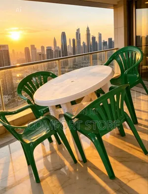 White Plastic Table and 4 Green Chairs for Restaurant Bar Hotel And