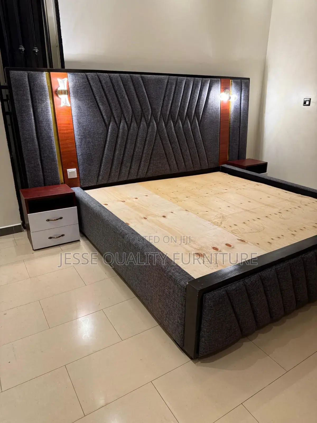 Gray Fabric Lined Bed