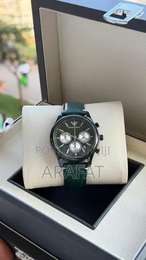 Black Chronograph Watch – Moonphase Dial, Black Leather Strap