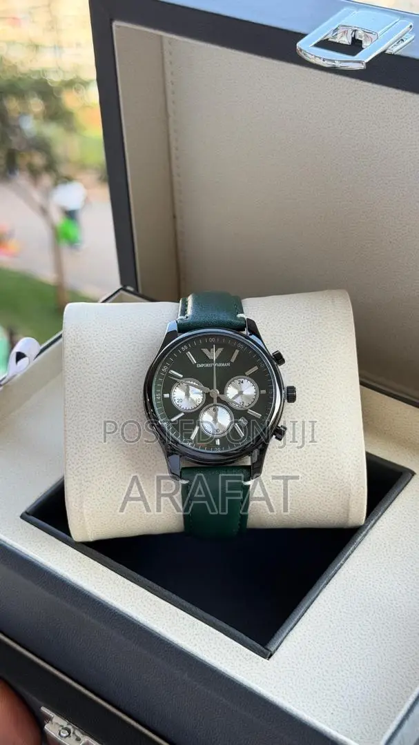 Black Chronograph Watch – Moonphase Dial, Black Leather Strap
