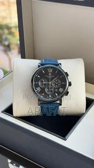 Black Chronograph Watch – Roman Numeral Dial, Blue Leather Strap