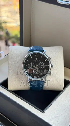 Black Chronograph Watch – Roman Numeral Dial, Blue Leather Strap