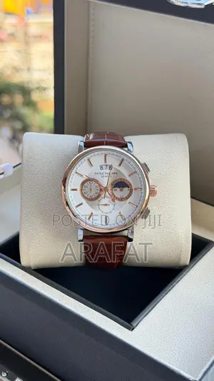 Rose Gold Chronograph Watch – White Dial, Brown Leather Strap