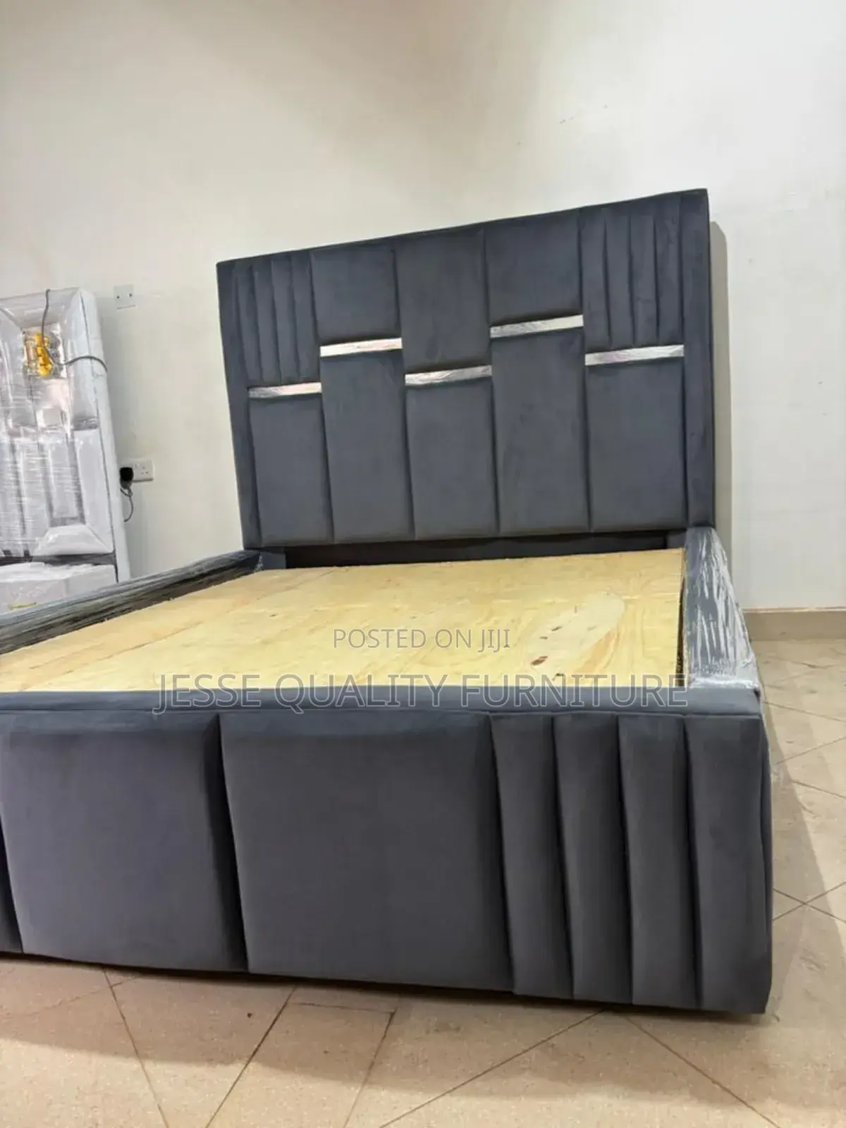 Dark Gray Fabric Silver Lined Bed