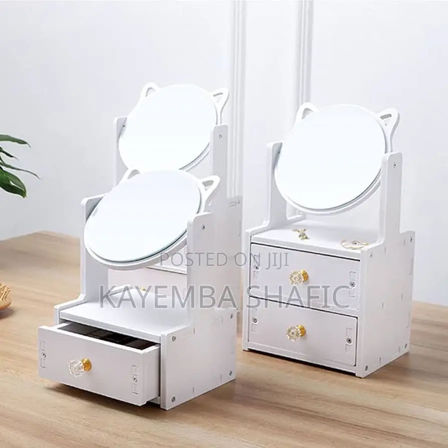 Tiers Cat-ear Tabletop Makeup Mirror And Cosmetic Storage Organizer