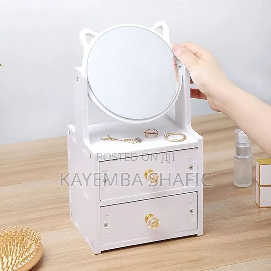 Tiers Cat-ear Tabletop Makeup Mirror And Cosmetic Storage Organizer