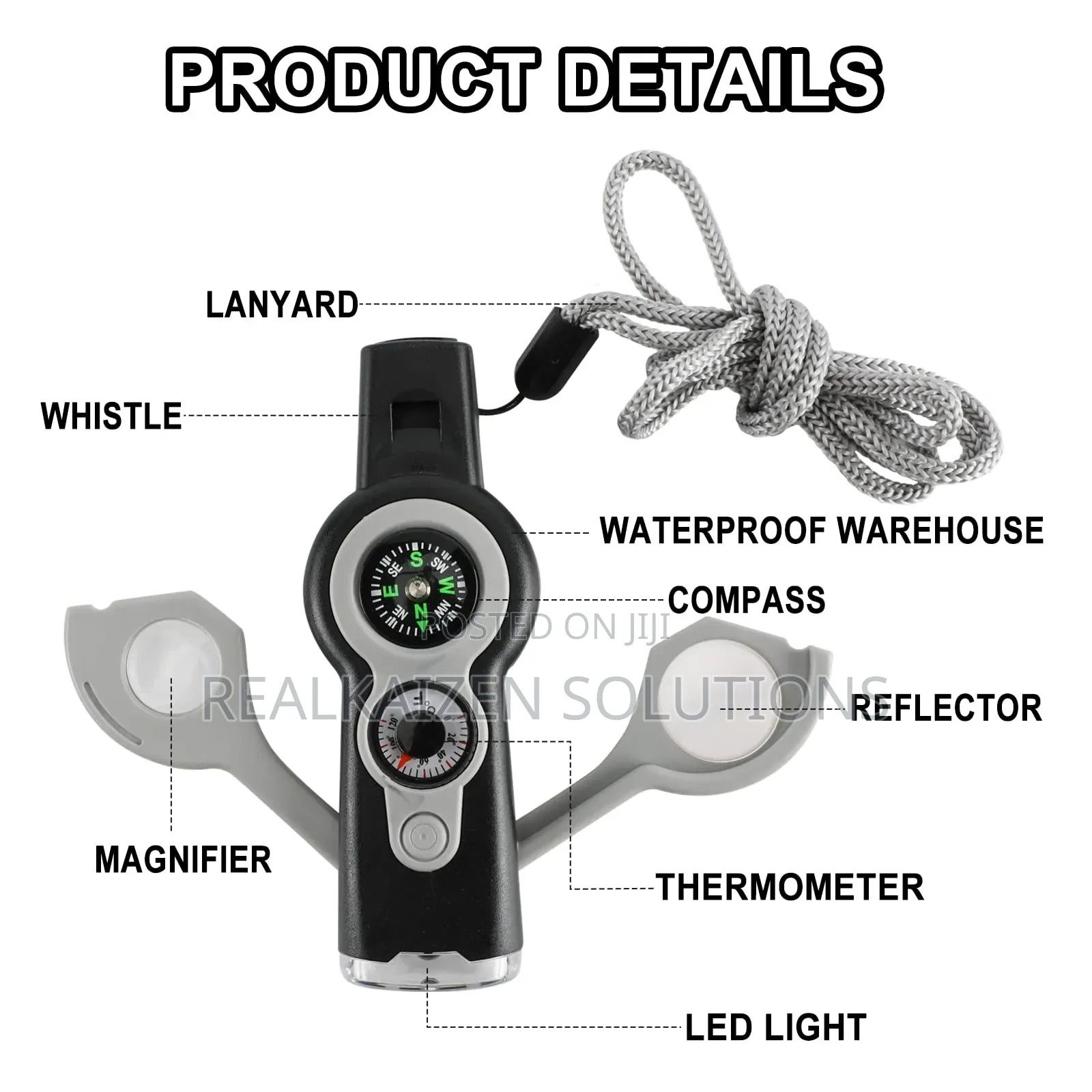 7-in-1 Emergency Survival Safety Whistle With Compass, Led Light