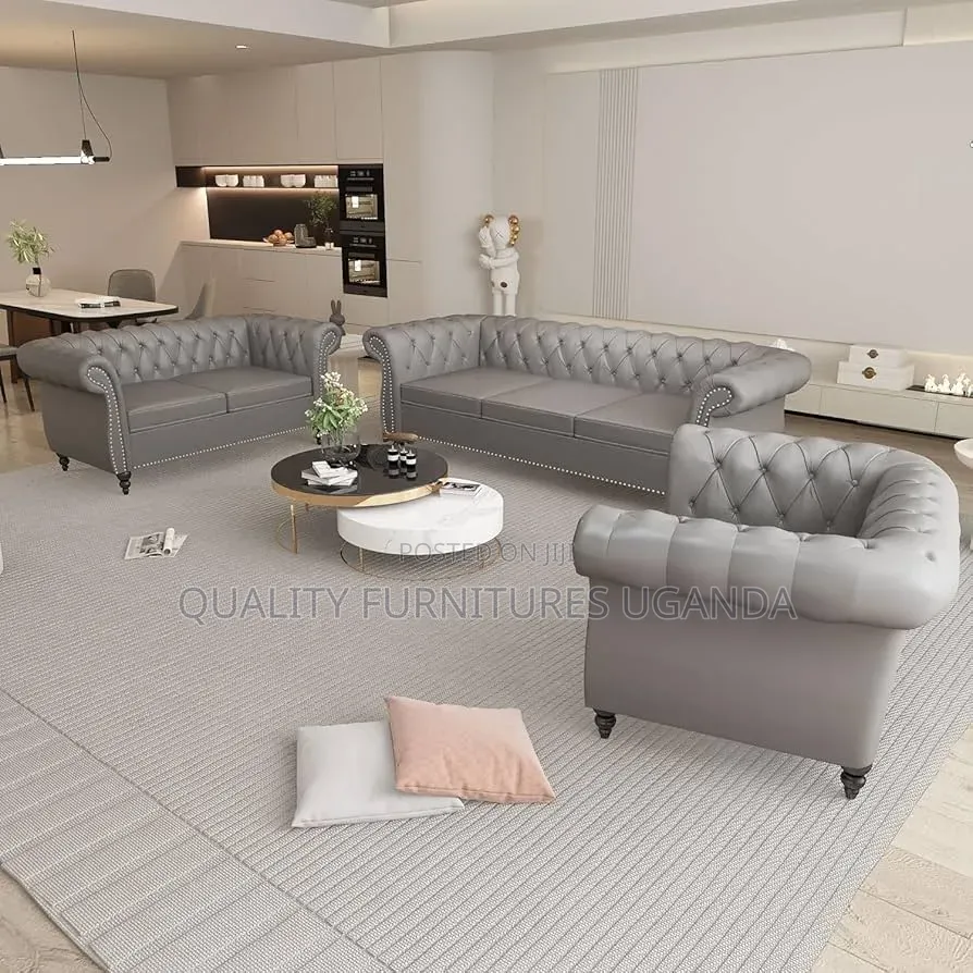 Gray Leathered Chesterfield Couches