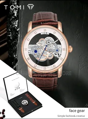 Tomi Men's Rose Gold Hollow Gear Rhinestone Leather Quartz Watch.