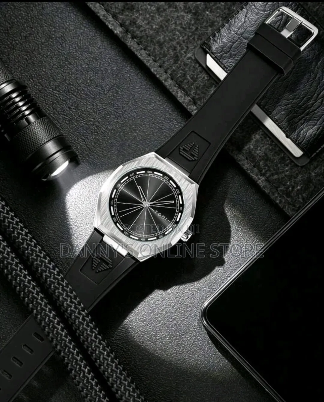 Tomi Unisex Fashion Octagonal Quartz Watch, Silicone Strap and Brushed