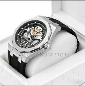 Pintime Men's Quartz Watch, 12-Sided, Silicone Strap, Hollow Mechanica