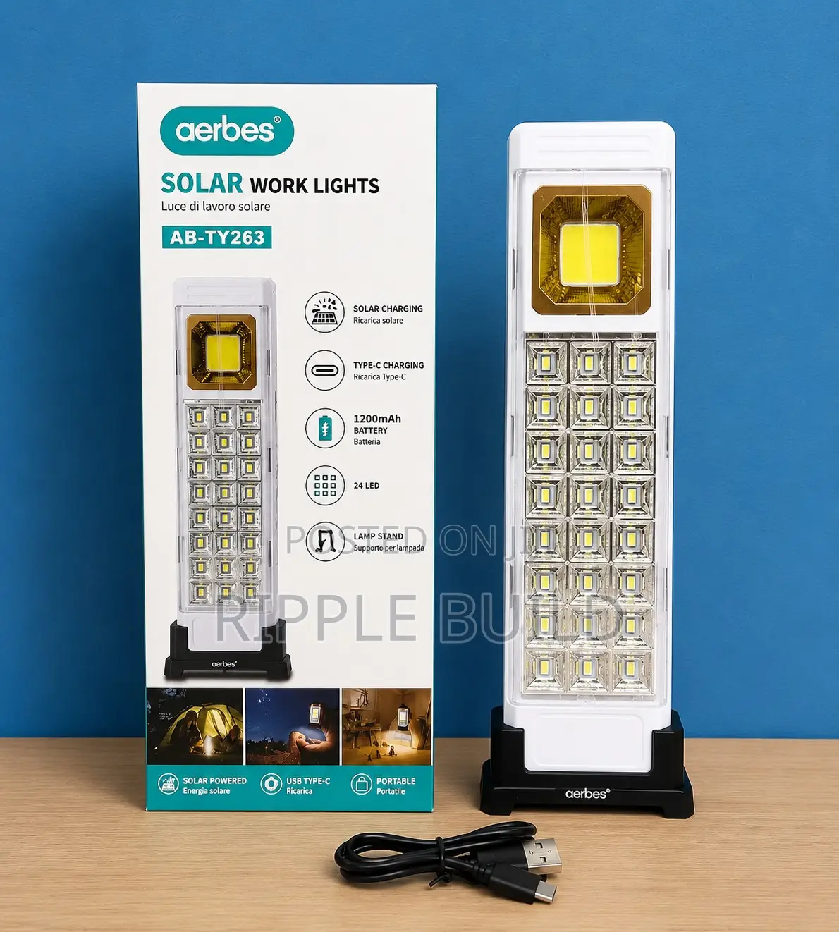 Aerbes Ab-ty263 Solar Work Light 24 Led Rechargeable Lamp