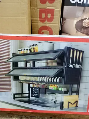 Black Double-Layer Dish Rack Features Flip-Up Cabinet Doors
