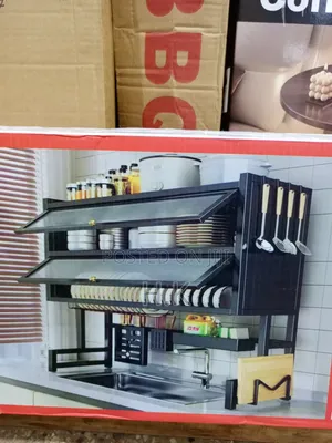 Black Double-Layer Dish Rack Features Flip-Up Cabinet Doors
