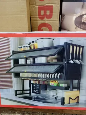 Black Double-Layer Dish Rack Features Flip-Up Cabinet Doors
