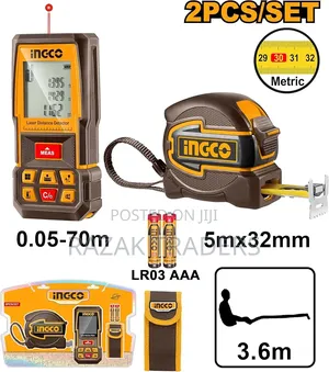 Ingco Laser Distance Detector Combo Kit, 70m Range, ±2mm Accuracy,