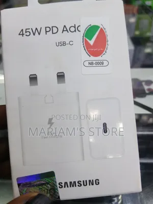 White Samsung 45w Travel Adapter "Super Fast Charging" Branding.