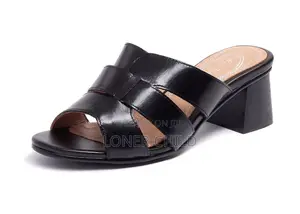 Women's Leather Wide Strap Block Heel Slide Sandals