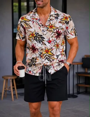 Men's Patterned Button-down Shirts Paired With Shorts.