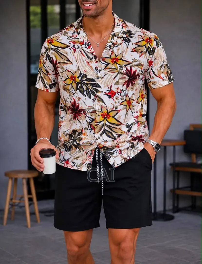 Men's Patterned Button-down Shirts Paired With Shorts.