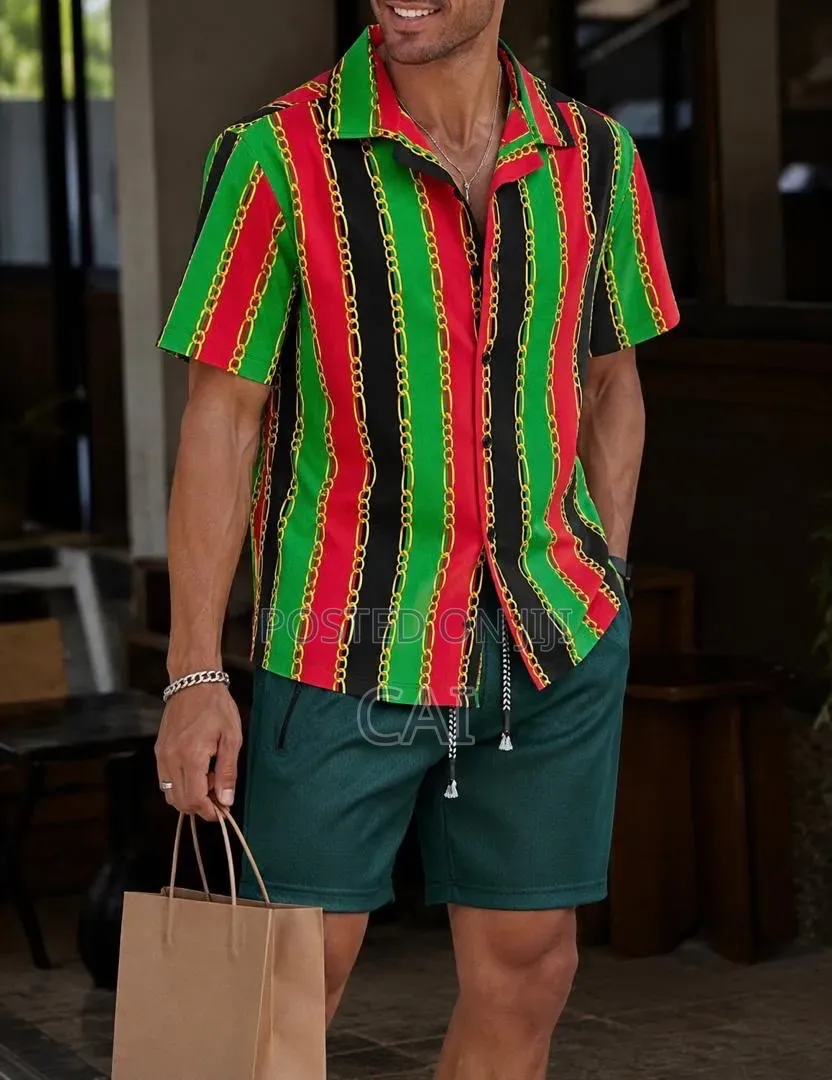 Men's Patterned Button-down Shirts Paired With Shorts.