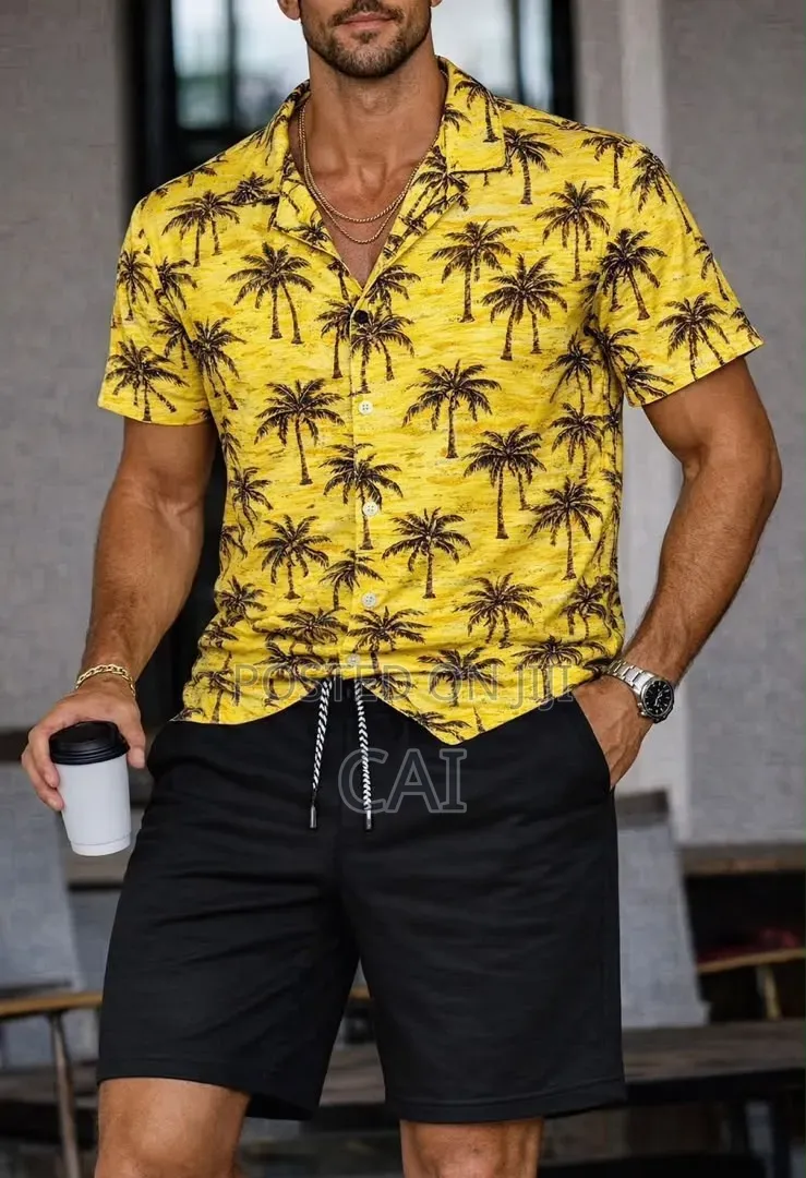 Men's Patterned Button-down Shirts Paired With Shorts.
