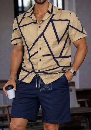 Men's Patterned Button-down Shirts Paired With Shorts.