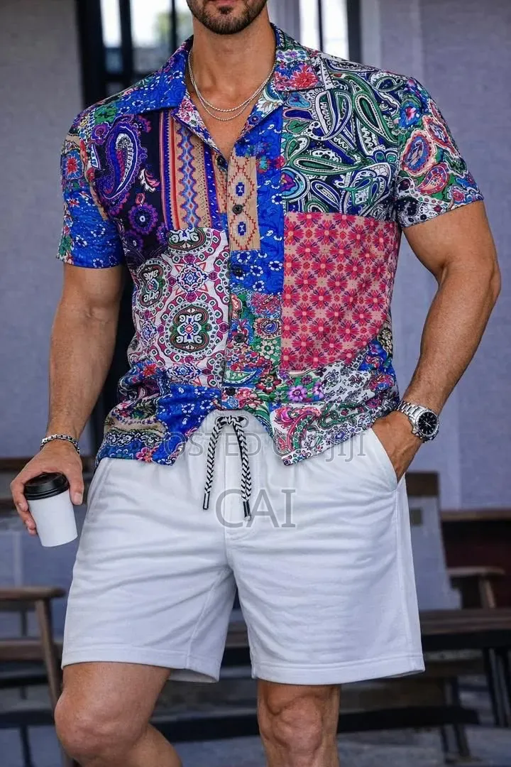 Men's Patterned Button-down Shirts Paired With Shorts.