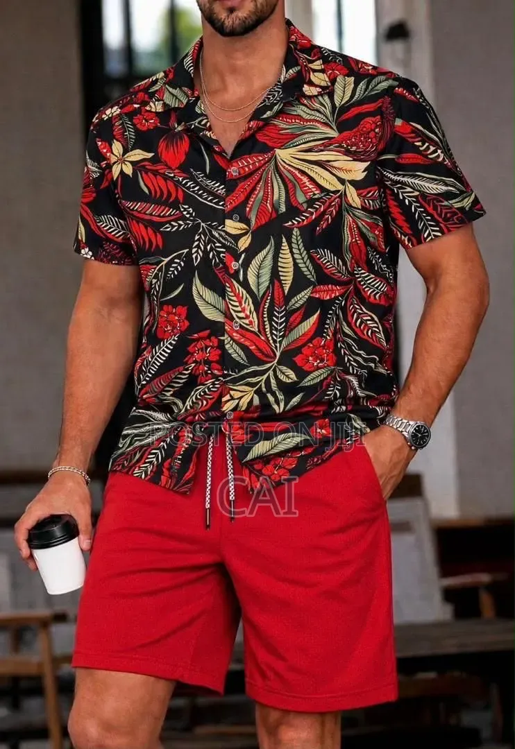 Men's Patterned Button-down Shirts Paired With Shorts.