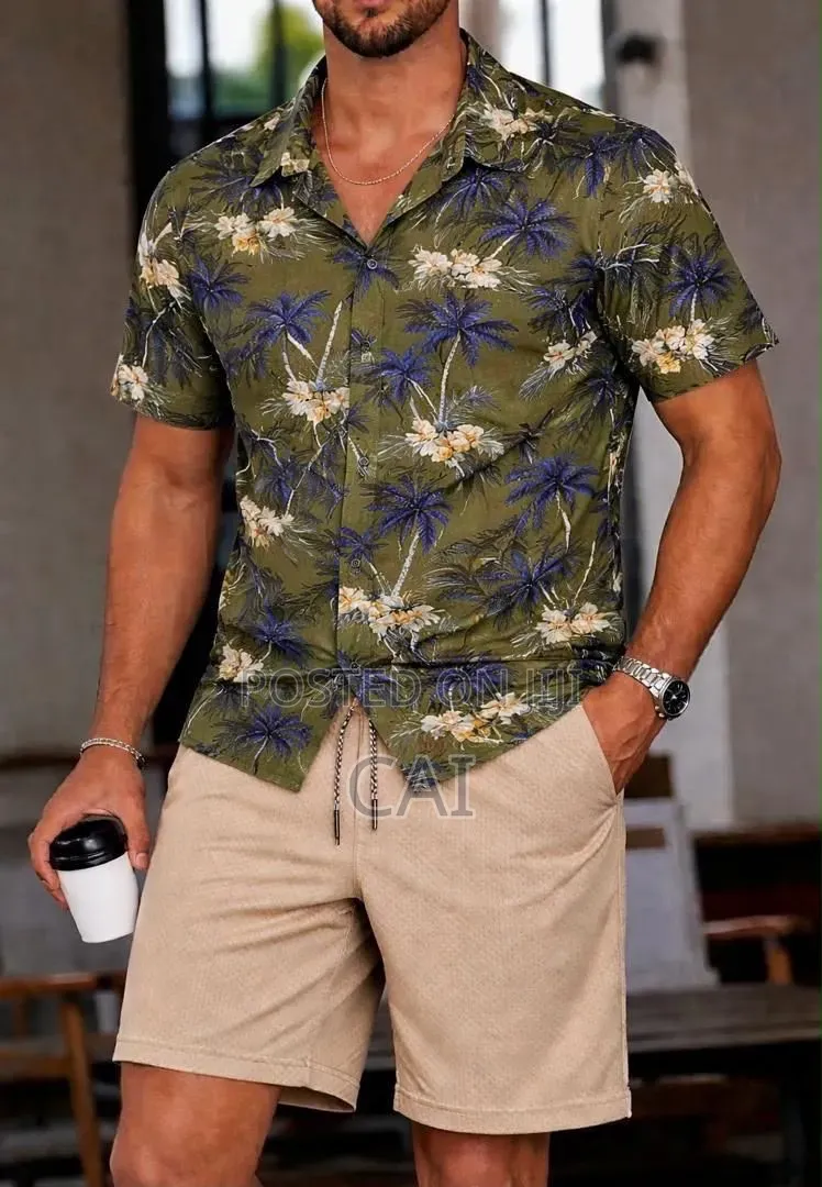 Men's Patterned Button-down Shirts Paired With Shorts.