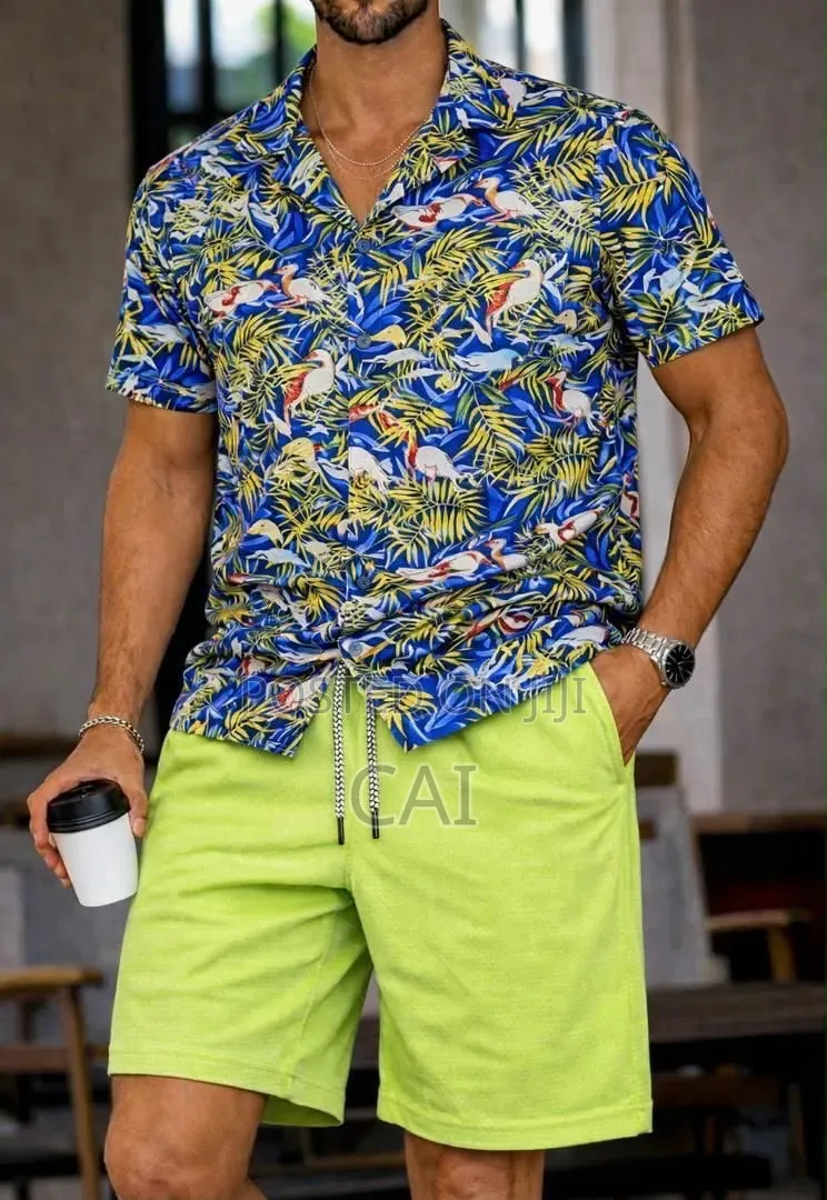 Men's Patterned Button-down Shirts Paired With Shorts.